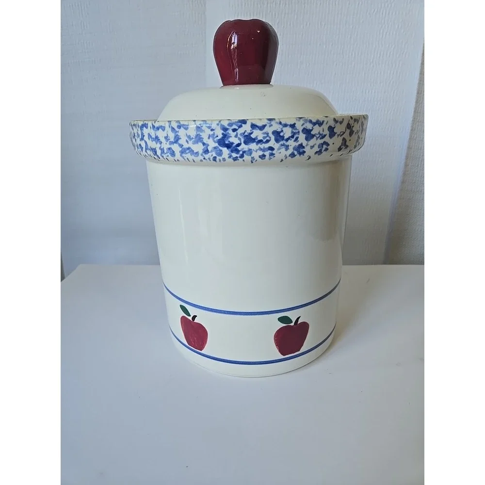 Vtg Treasure Craft Apple Cookie Jar Canister Spongeware Pottery Retro Kitchen 10